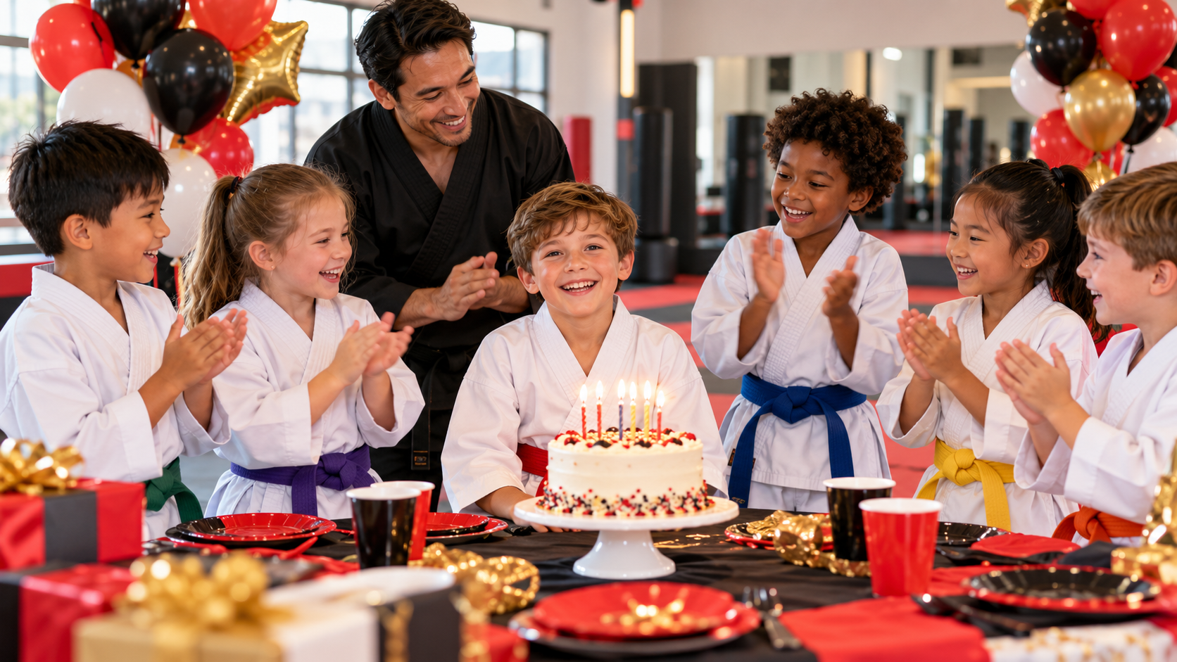 Children in martial arts uniforms celebrate a birthday with cake, colorful balloons, and an instructor.