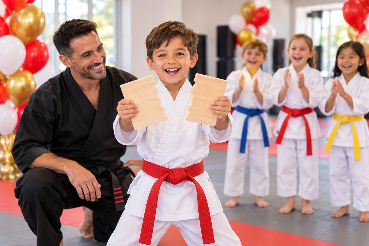 A proud birthday child holds a broken practice board while an instructor and friends cheer.