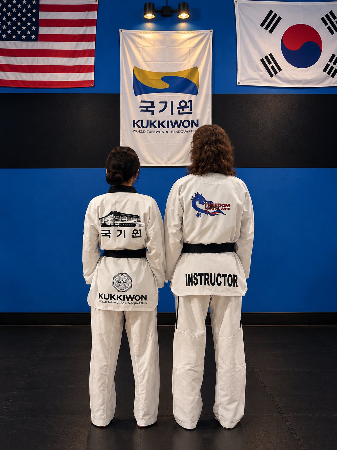 Freedom Martial Arts instructors facing the Kukkiwon flag