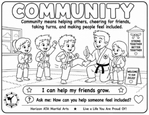 Community coloring page for kids from Horizon ATA Martial Arts showing students helping others, cheering for friends, taking turns, and making people feel included.