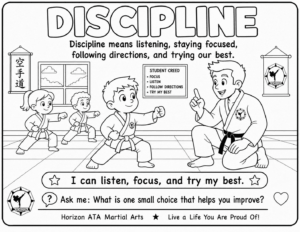 Discipline coloring page for kids from Horizon ATA Martial Arts showing students listening, staying focused, following directions, and trying their best.