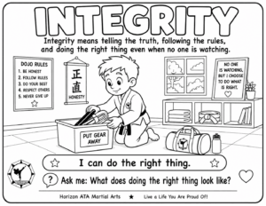 Integrity coloring page for kids from Horizon ATA Martial Arts showing a child putting gear away and doing the right thing even when no one is watching.