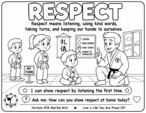 Respect coloring page for kids from Horizon ATA Martial Arts showing students practicing listening, kind words, taking turns, and keeping hands to themselves.