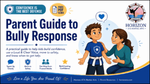Parent Guide to Bully Response from Horizon ATA Martial Arts helping kids build confidence, use a Loud & Clear Voice, move to safety, and get help.