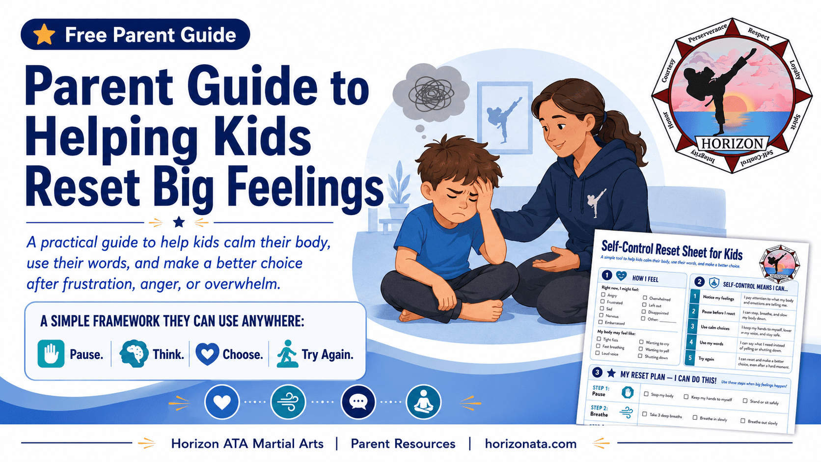 Parent Guide to Helping Kids Reset Big Feelings from Horizon ATA Martial Arts using a pause, think, choose, and try again framework.