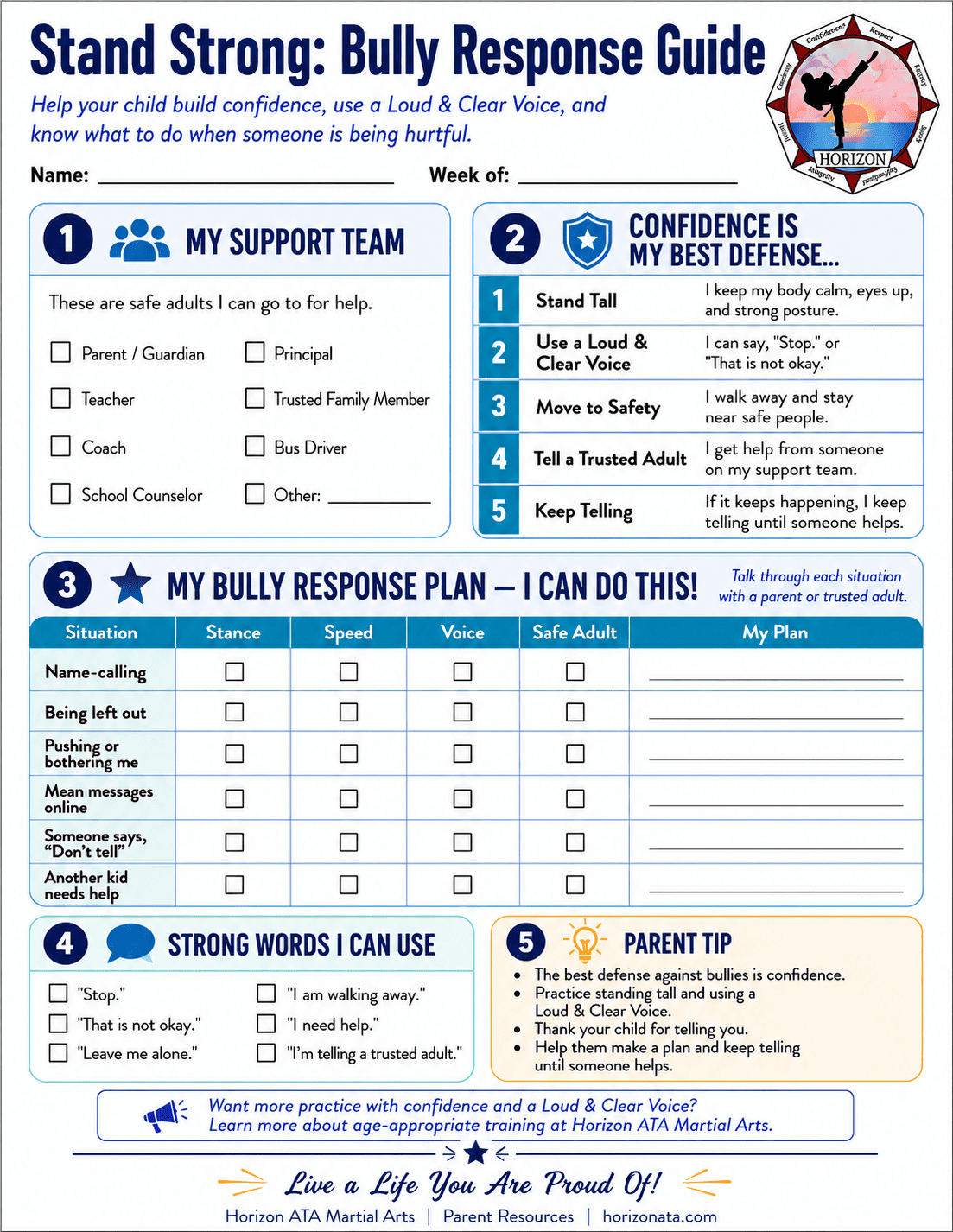 Bully Response worksheet for kids from Horizon ATA Martial Arts helping children practice confident body language, strong words, moving away, and getting help.