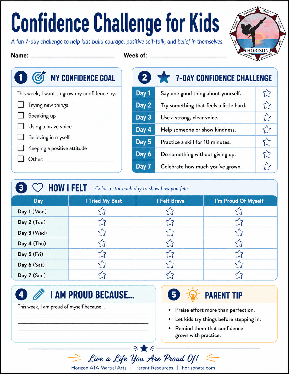 Confidence Challenge worksheet for kids from Horizon ATA Martial Arts helping children practice courage, positive self-talk, and trying something new.