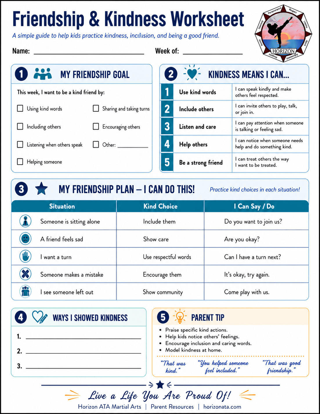 Friendship and Kindness worksheet for kids from Horizon ATA Martial Arts helping children practice kind words, sharing, including others, and being a good friend.