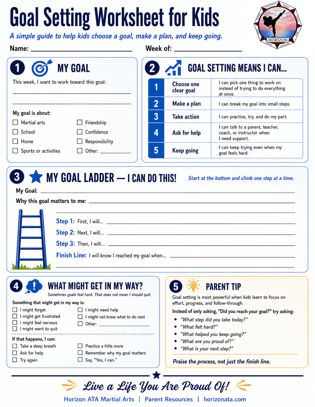 Goal Setting worksheet for kids from Horizon ATA Martial Arts helping children choose a goal, make a plan, take action, and track progress
