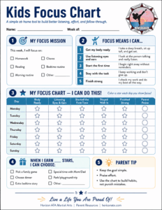 Focus Chart for kids from Horizon ATA Martial Arts helping children practice listening, staying on task, following directions, and completing daily goals.