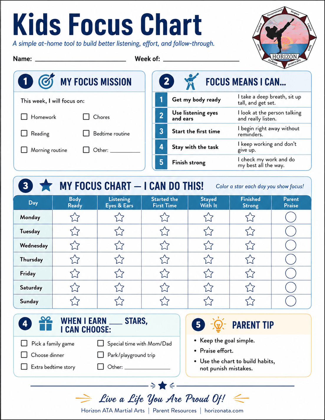 Focus Chart for kids from Horizon ATA Martial Arts helping children practice listening, staying on task, following directions, and completing daily goals.