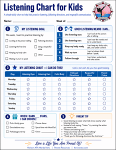 Listening Chart for kids from Horizon ATA Martial Arts helping children practice eye contact, quiet hands, following directions, and responding respectfully.