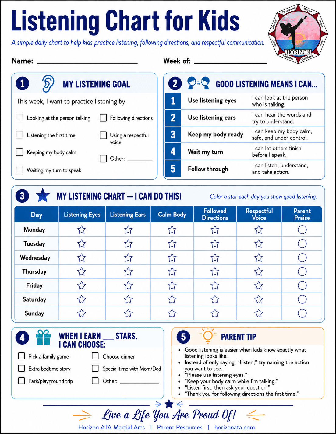 Listening Chart for kids from Horizon ATA Martial Arts helping children practice eye contact, quiet hands, following directions, and responding respectfully.