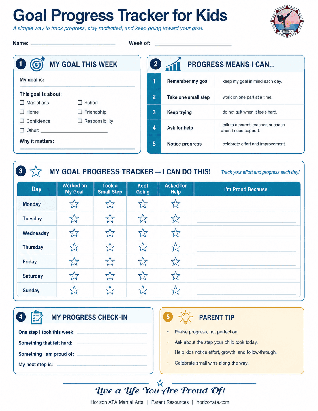 Progress Tracker worksheet for kids from Horizon ATA Martial Arts helping children track effort, celebrate small wins, and stay motivated while working toward a goal.