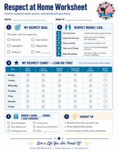Respect at Home worksheet for kids from Horizon ATA Martial Arts helping children practice kind words, listening, helping, taking turns, and using manners.