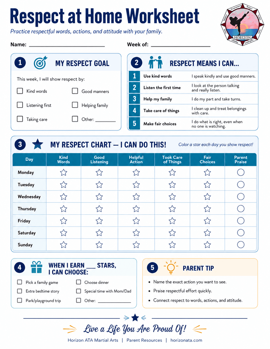 Respect at Home worksheet for kids from Horizon ATA Martial Arts helping children practice kind words, listening, helping, taking turns, and using manners.