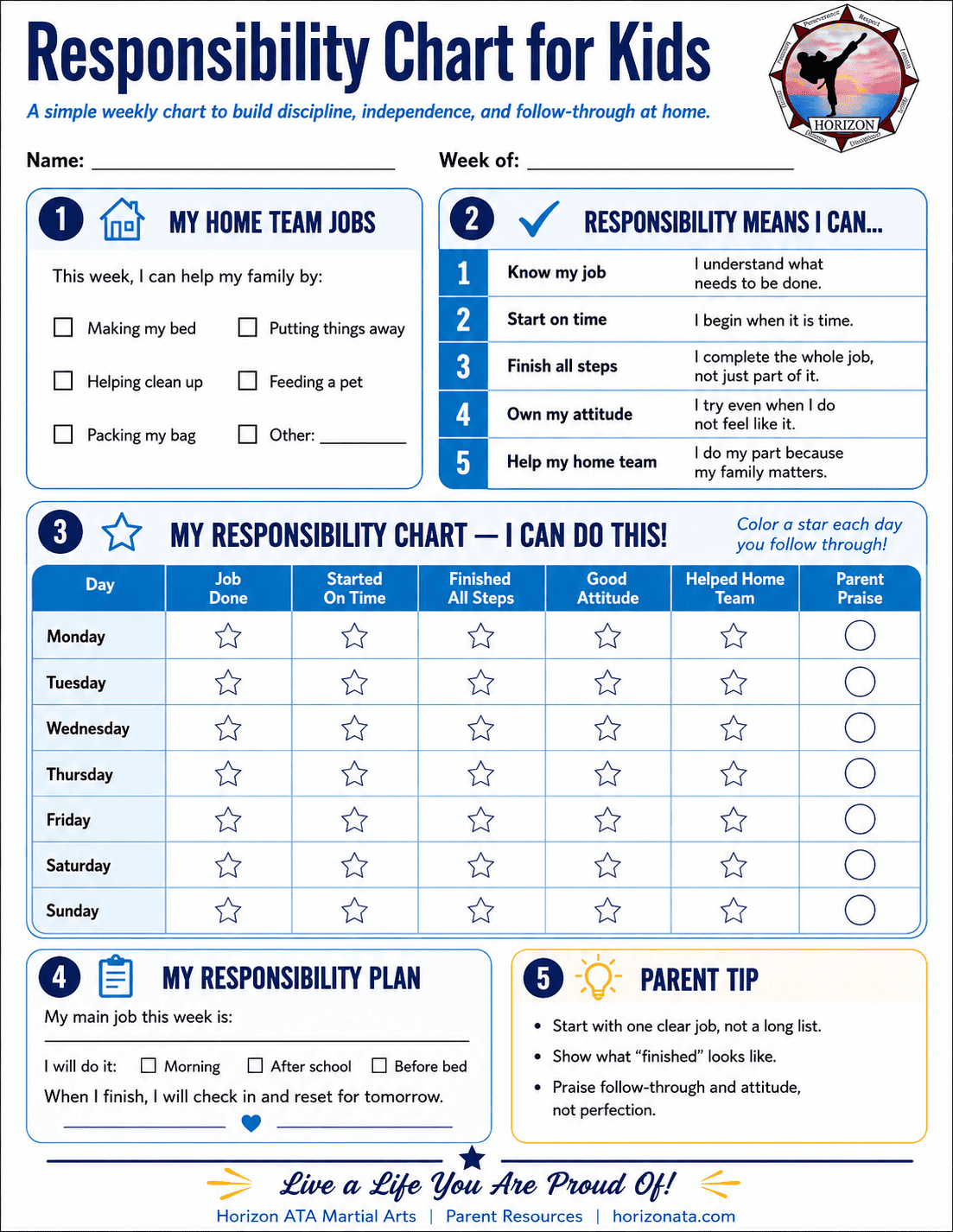 Responsibility Chart for kids from Horizon ATA Martial Arts helping children practice chores, routines, follow-through, and taking ownership at home.