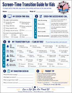 Screen-Time Transition worksheet for kids from Horizon ATA Martial Arts helping children move from screens to the next activity with less frustration.