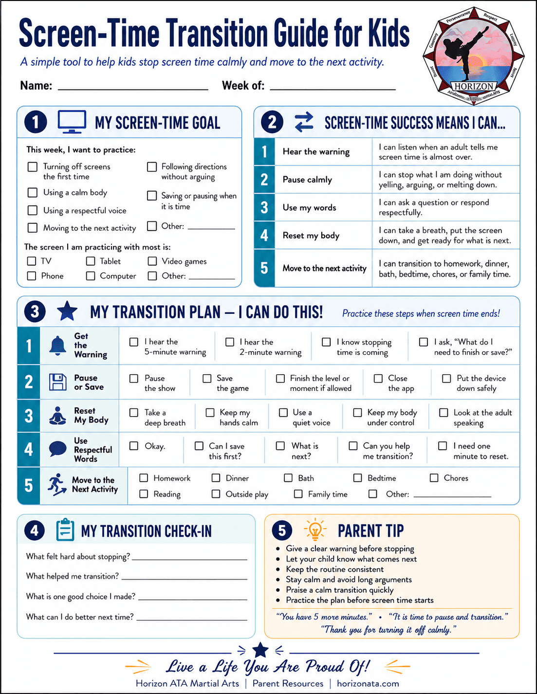 Screen-Time Transition worksheet for kids from Horizon ATA Martial Arts helping children move from screens to the next activity with less frustration.