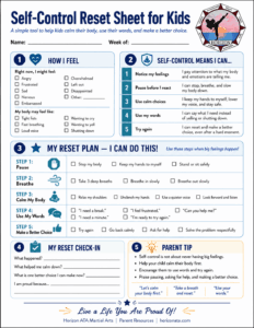 Self-Control Reset worksheet for kids from Horizon ATA Martial Arts helping children pause, breathe, name their feelings, and choose a better response.