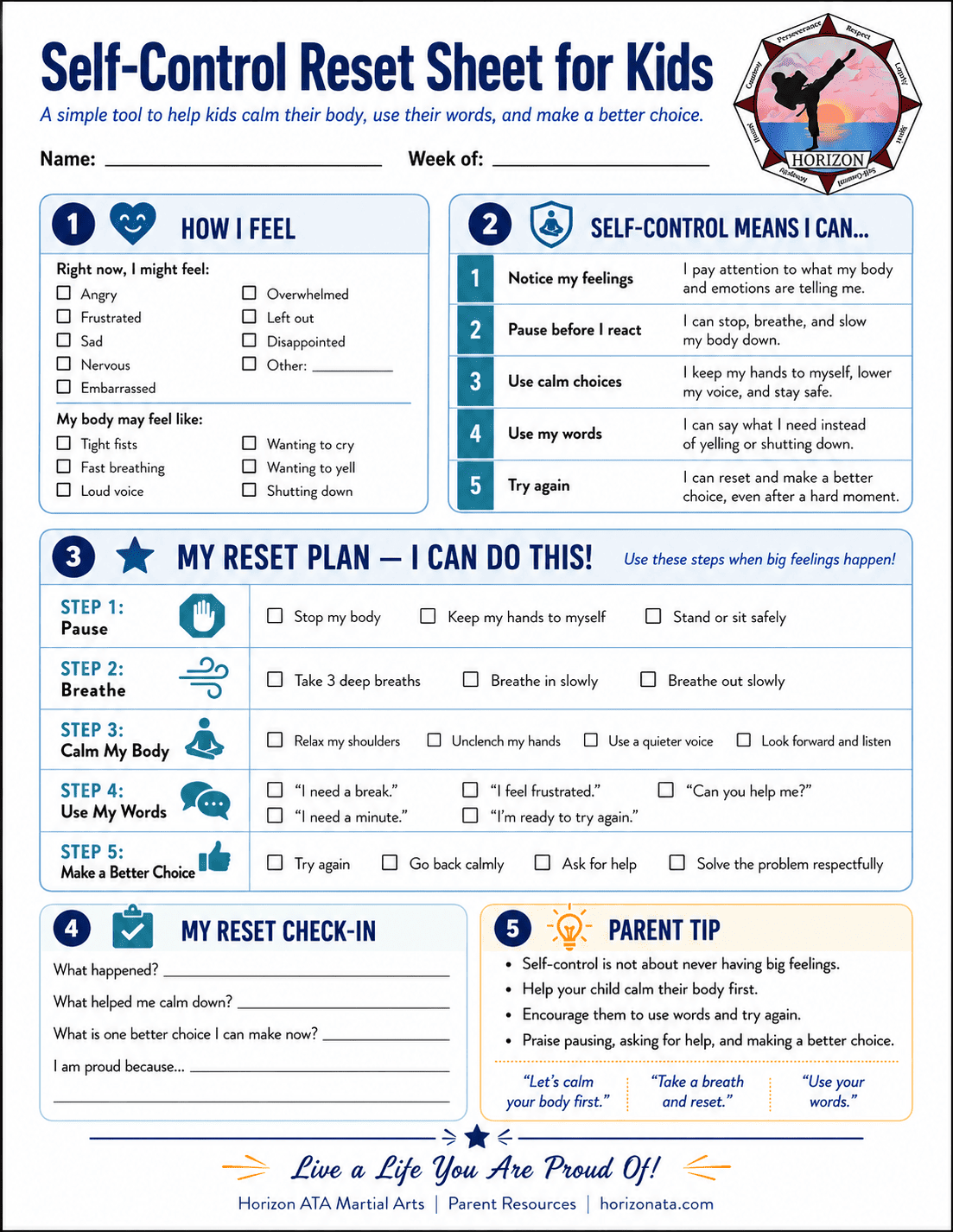 Self-Control Reset worksheet for kids from Horizon ATA Martial Arts helping children pause, breathe, name their feelings, and choose a better response.
