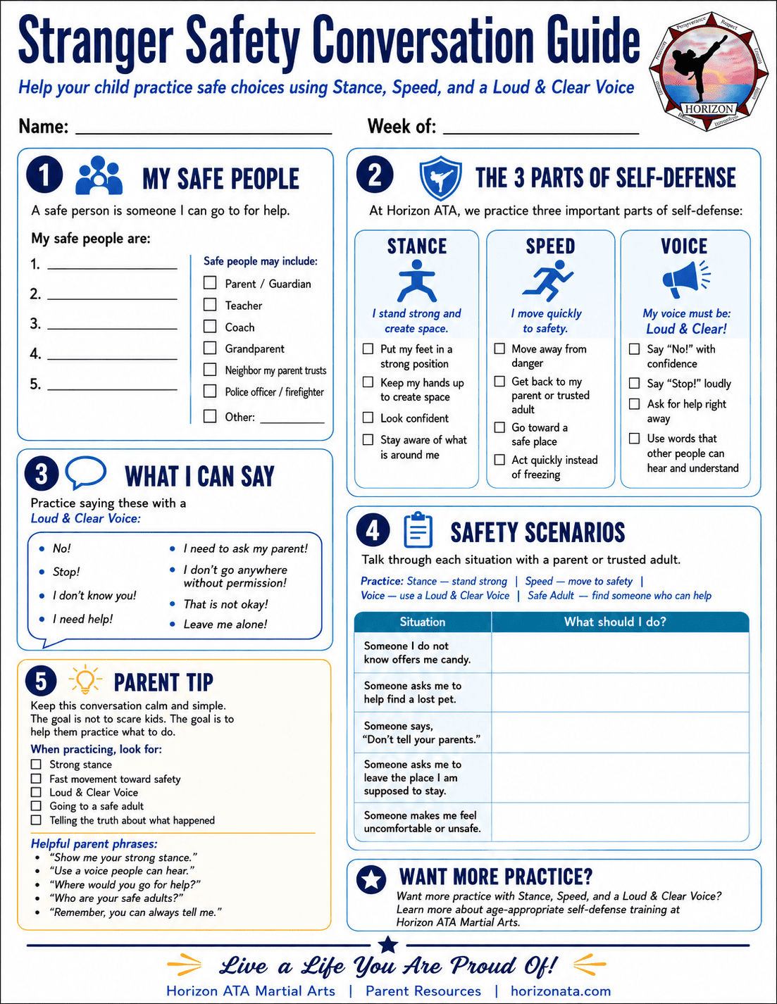 Stranger Safety worksheet for kids from Horizon ATA Martial Arts helping children practice checking first, keeping space, using their voice, and finding a safe adult.