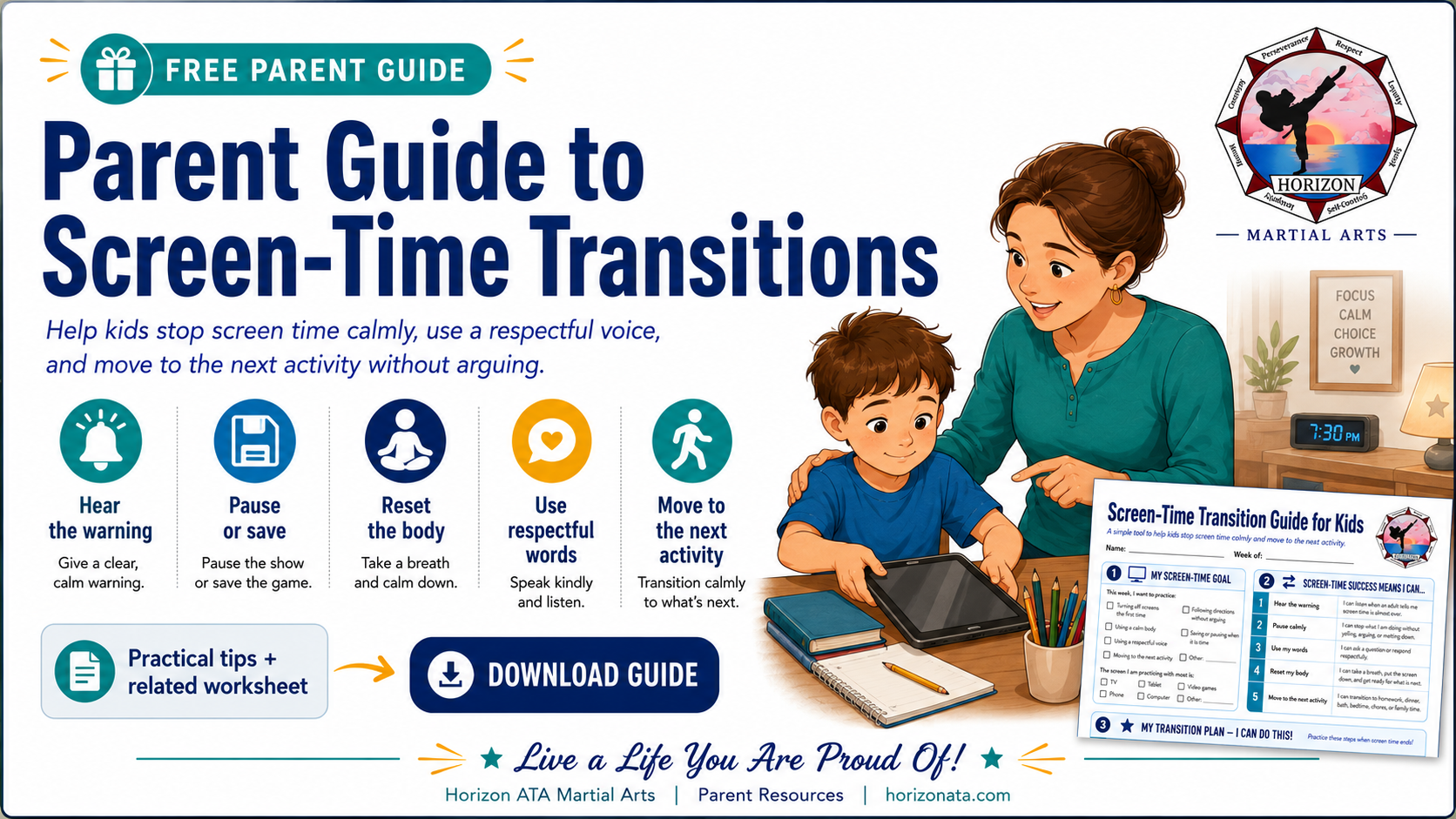 Parent Guide to Screen-Time Transitions from Horizon ATA Martial Arts with simple steps to help kids move from screens to the next activity.
