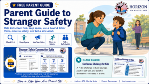 Parent Guide to Stranger Safety from Horizon ATA Martial Arts teaching kids to check first, keep space, use their voice, move to safety, and tell a safe adult.