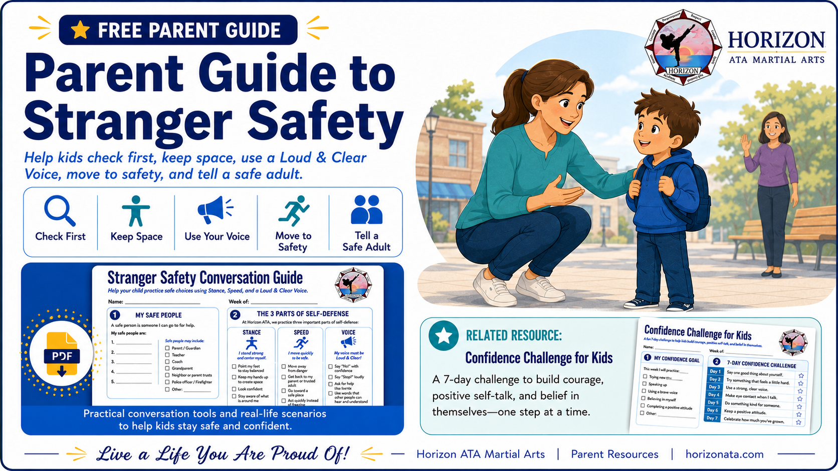 Parent Guide to Stranger Safety from Horizon ATA Martial Arts teaching kids to check first, keep space, use their voice, move to safety, and tell a safe adult.