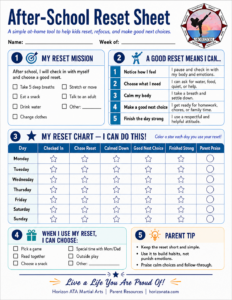 Printable after-school reset worksheet for kids to check in with their feelings, refocus, and make a positive next choice after school.