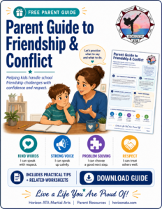 Free parent guide from Horizon ATA with scripts to help kids handle friendship problems, being left out, mean behavior, apologies, and social confidence.