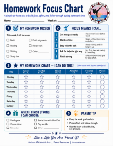 Printable homework focus chart for kids to build stronger homework habits, practice effort, and finish schoolwork with focus.