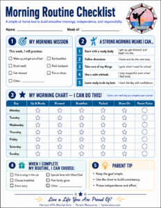 Printable back-to-school morning routine checklist for kids to practice confidence, focus, responsibility, and a calm start to the school day.