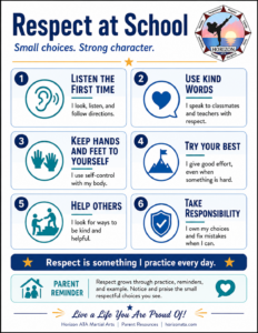Printable respect at school poster for kids with reminders to listen, use kind words, show self-control, try their best, help others, and take responsibility.