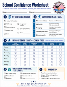 Printable school confidence worksheet for kids to practice asking for help, handling mistakes, trying new things, and making brave choices.