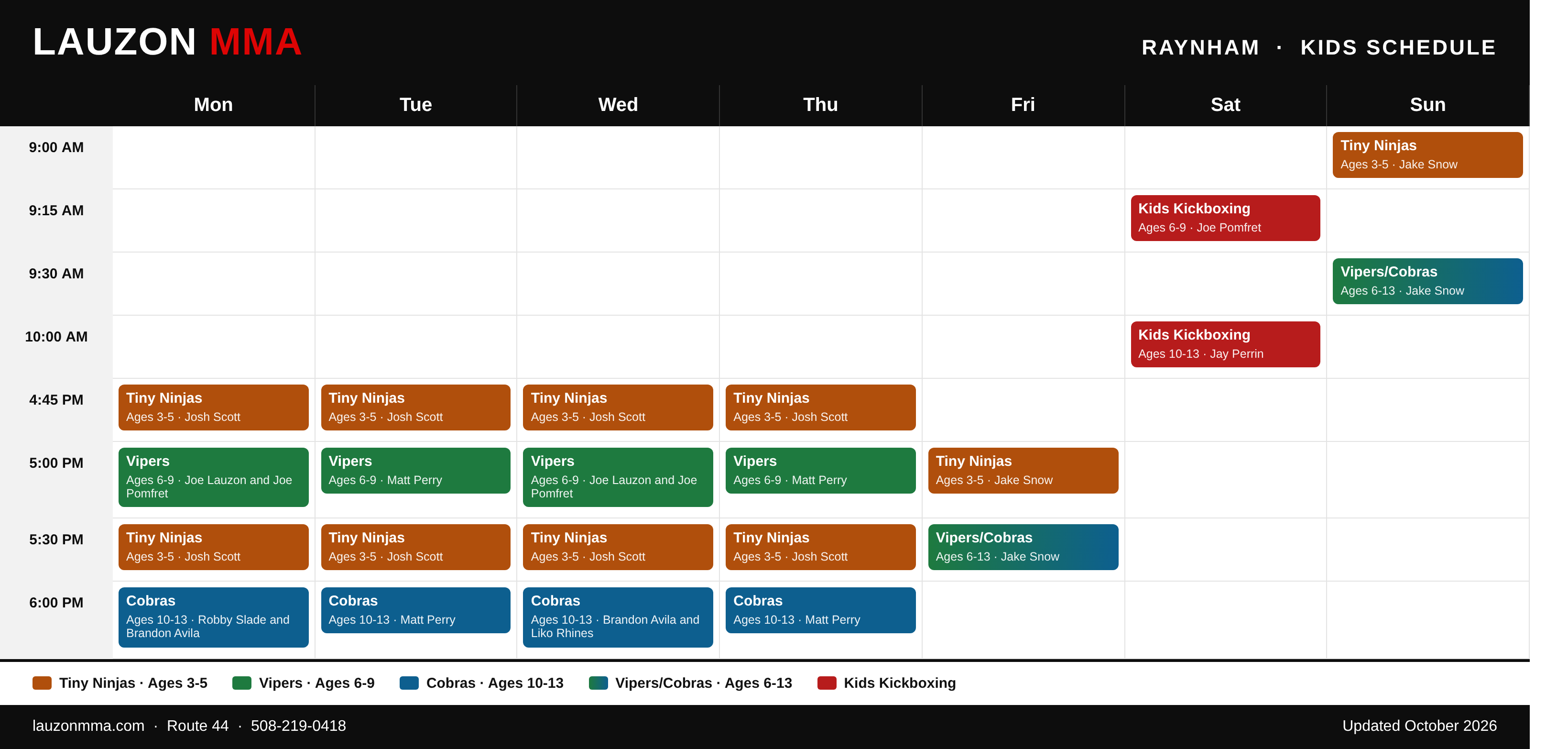 Lauzon MMA Raynham kids class schedule