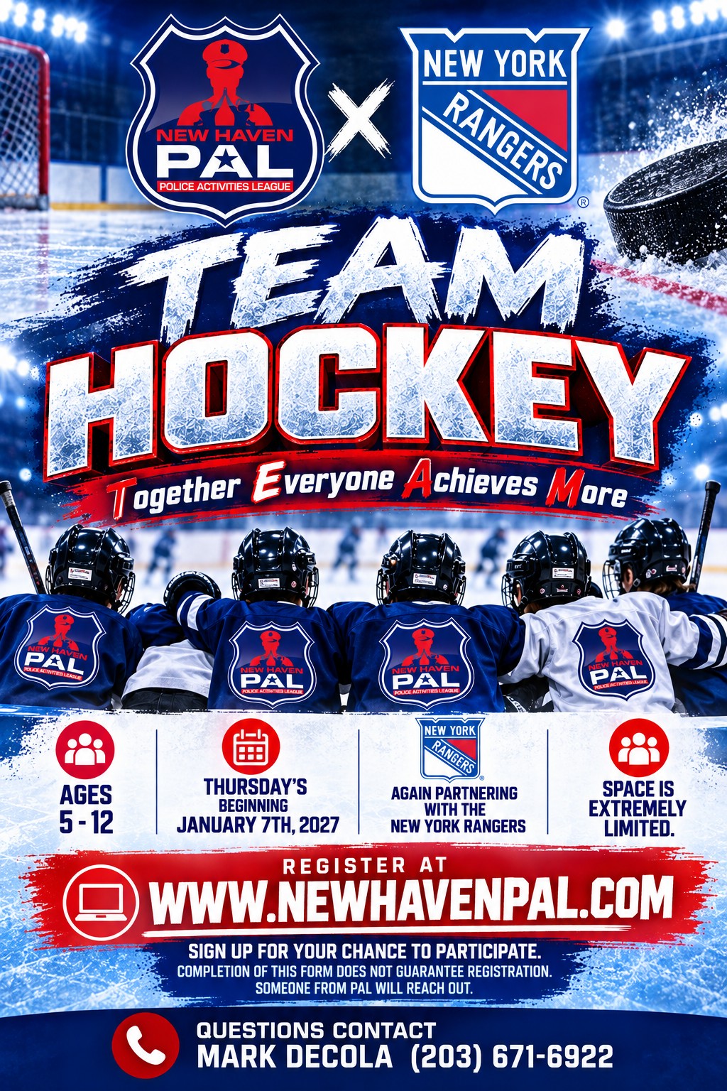 Team Hockey 2027 flyer: New Haven PAL and the New York Rangers, ages 5 to 12, Thursdays beginning January 7, 2027