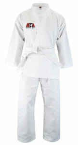 white martial arts uniform with embroidered logo, it has the uniform top, pants and white belt tied around the waist