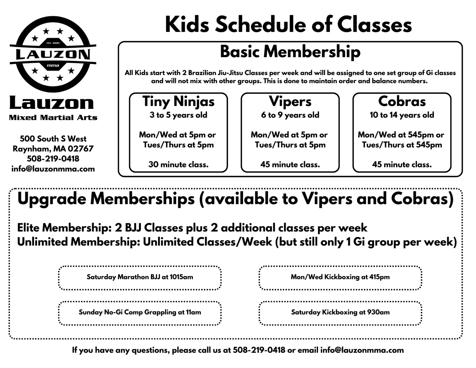 Our Schedule Lauzon Mixed Martial Arts Raynham, MA Lauzon Mixed