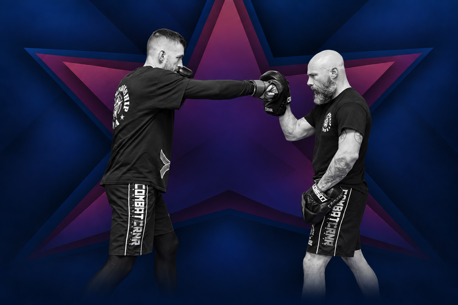 Coach Zane holding focus mitts for an adult MMA student, with a purple star behind them